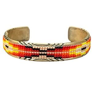 Sterling Silver Southwestern Navajo Artist Seed Beaded Cuff Bracelet Pink Yellow